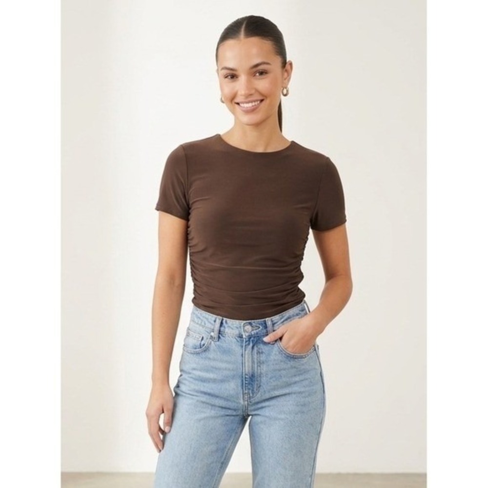 Moa Moa Chocolate Brown Ruched Short Sleeve Top M Y2K Vibe Clean Girl Minimalist